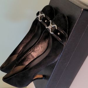 Cole Haan Air Lainey black suede low heel pumps.